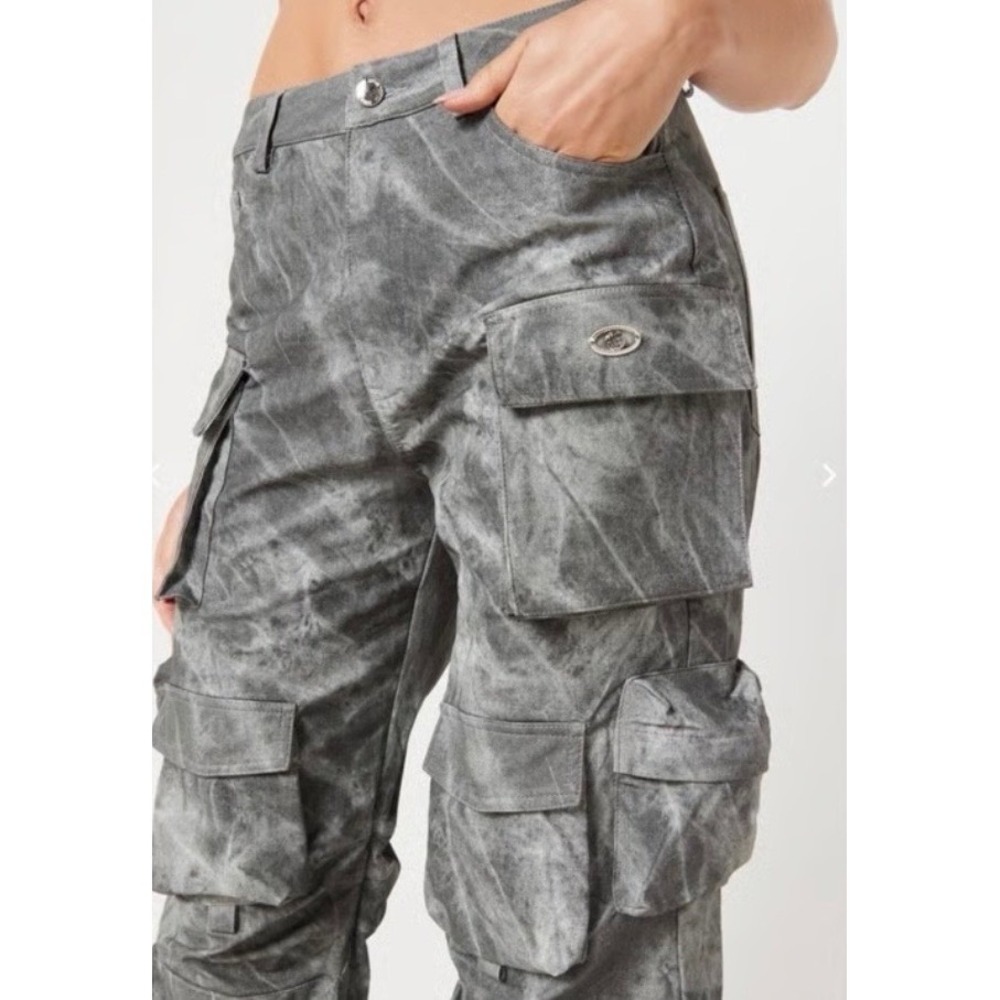 Lux to Kill Grey Marble vegan Leather Pocket Cargo Pants High Rise Wide size L
